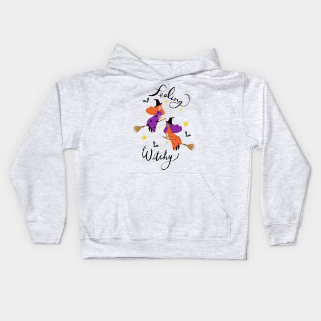 "Feeling Witchy" - Hand lettered // Orange & Purple haired witches (Halloween design) Kids Hoodie by Maddyslittlesketchbook